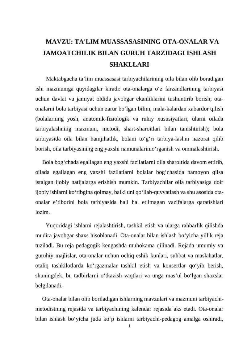 TA'LIM MUASSASASINING OTA-ONALAR VA JAMOATCHILIK BILAN GURUH TARZIDAGI ISHLASH SHAKLLARI