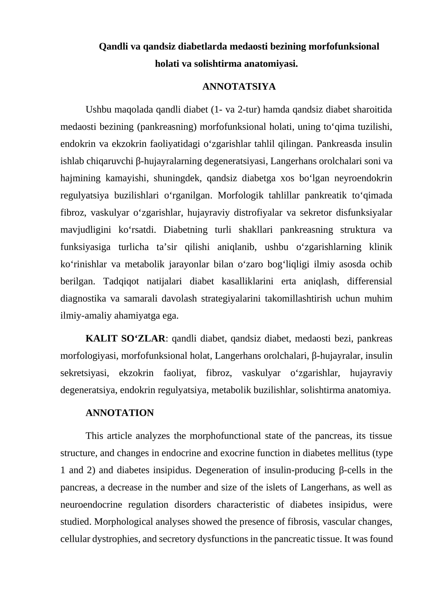 Qandli va qandsiz diabetlarda medaosti bezining morfofunksional holati va solishtirma anatomiyasi