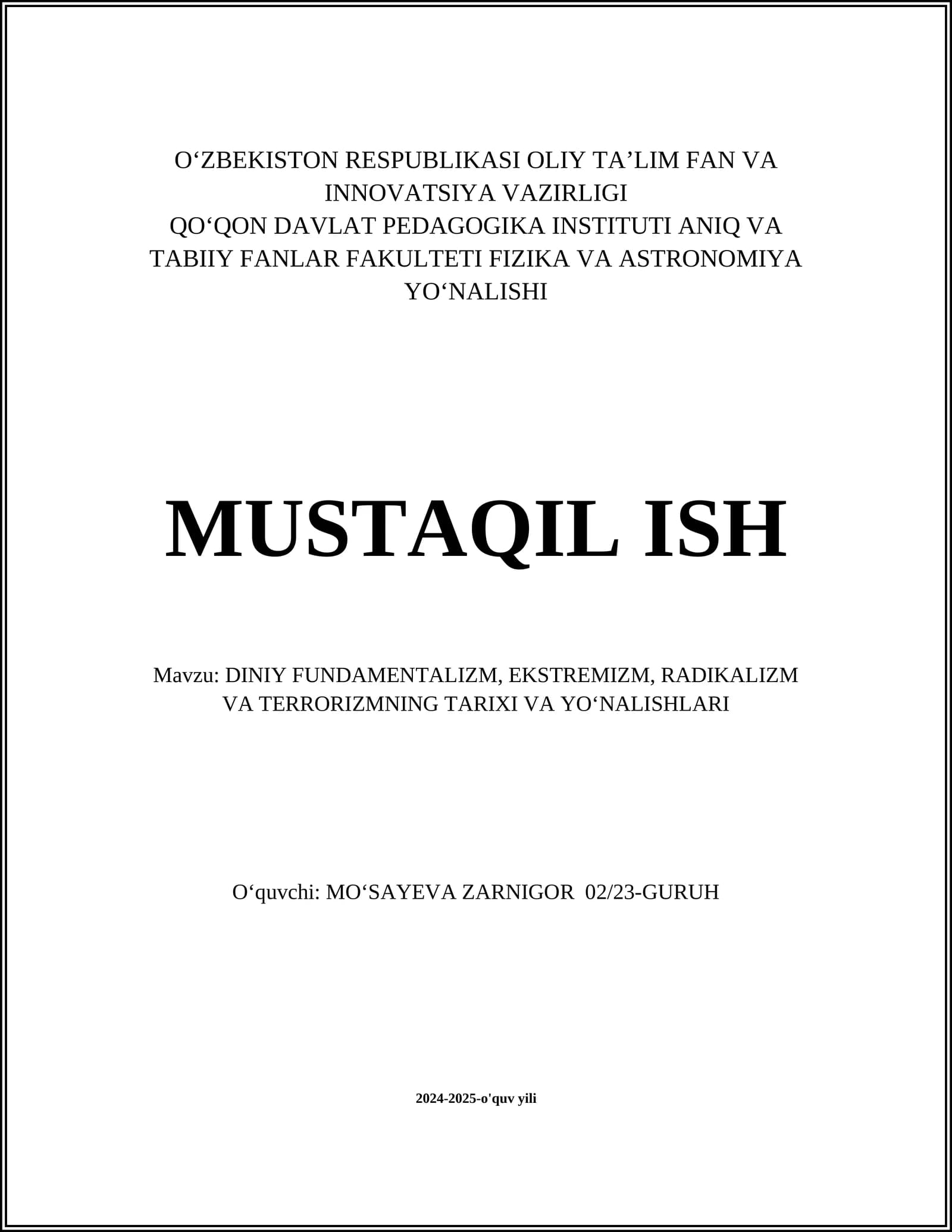 DINIY FUNDAMENTALIZM, EKSTREMIZM, RADIKALIZM VA TERRORIZMNING TARIXI VA YOʻNALISHLARI