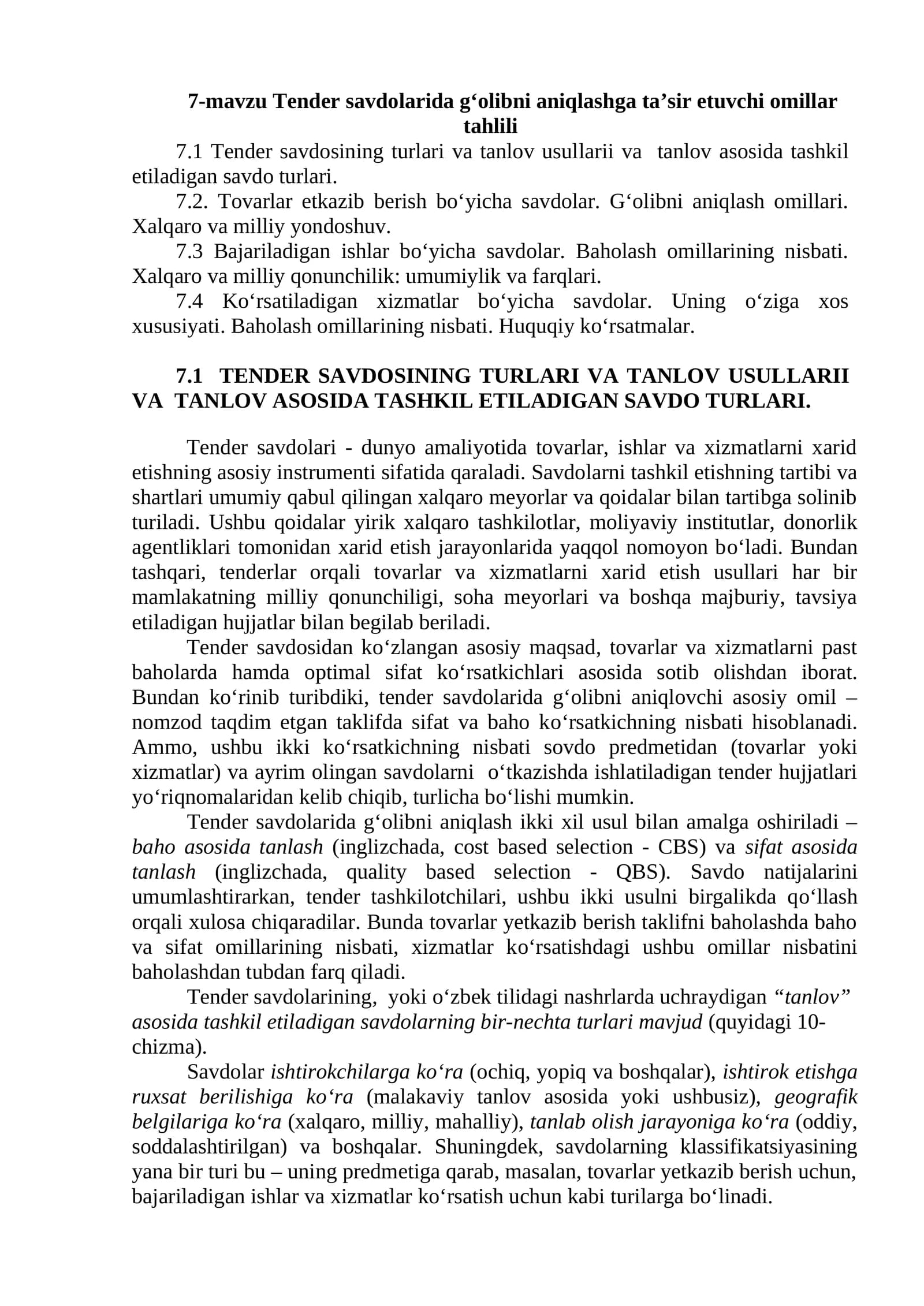 Tender savdolarida g'olibni aniqlashga ta'sir etuvchi omillar tahlili