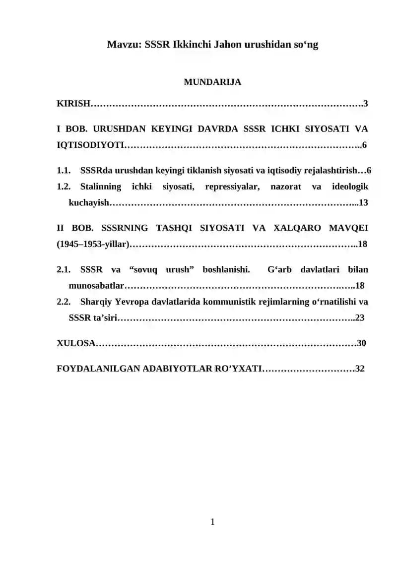 SSSR Ikkinchi Jahon urushidan so‘ng