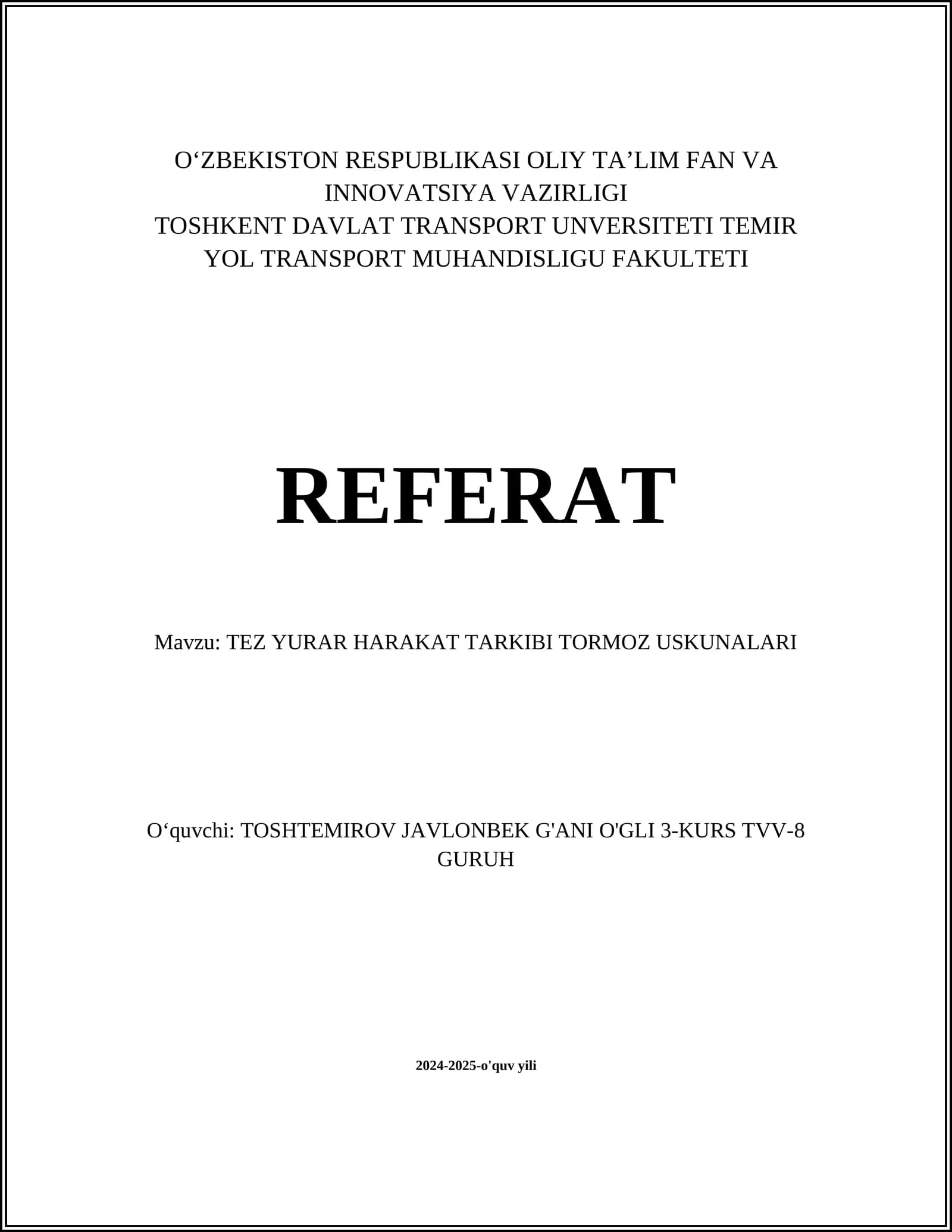 TEZ YURAR HARAKAT TARKIBI TORMOZ USKUNALARI