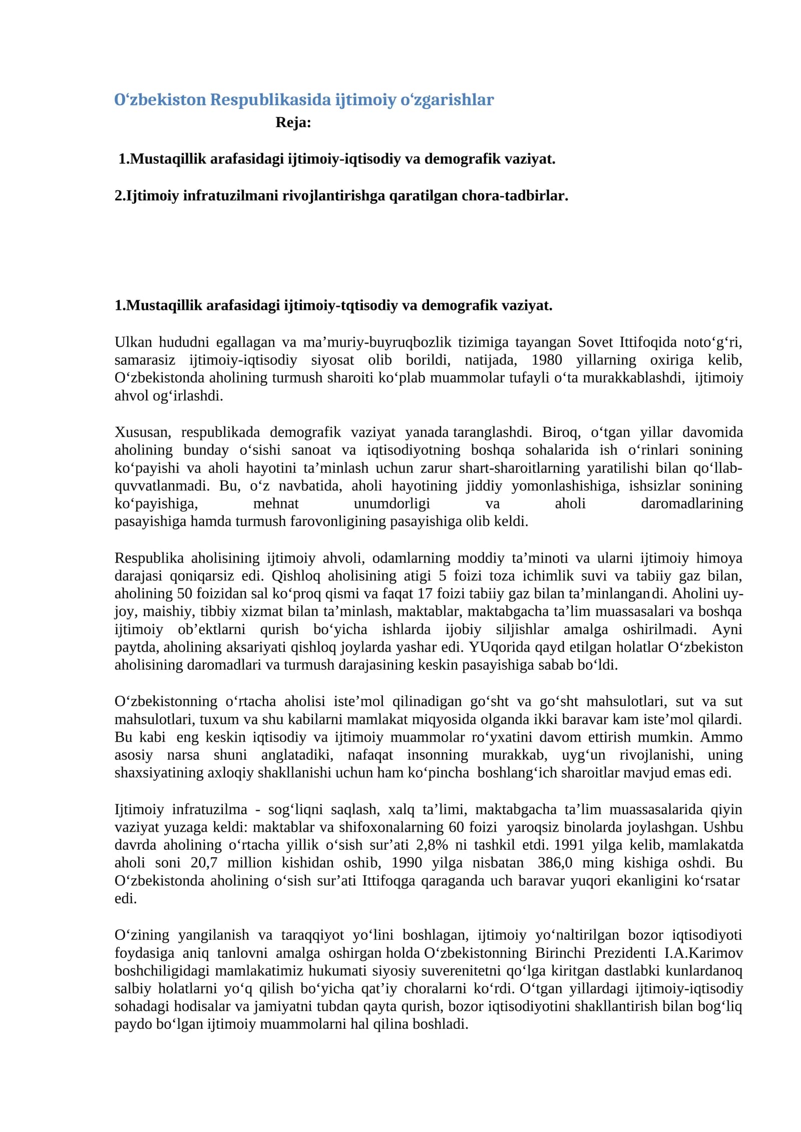 O‘zbekiston Respublikasida ijtimoiy o‘zgarishlar