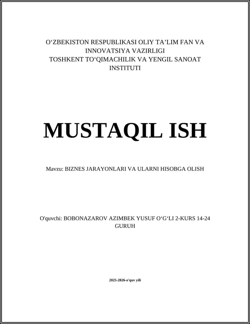 BIZNES JARAYONLARI VA ULARNI HISOBGA OLISH