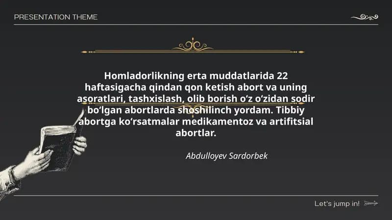Homladorlikning erta muddatlarida 22 haftasigacha qindan qon ketish abort va uning asoratlari, tashxislash, olib borish oʻz oʻzidan sodir boʻlgan abortlarda shoshilinch yordam. Tibbiy abortga koʻrsatmalar medikamentoz va artifitsial abortlar.
