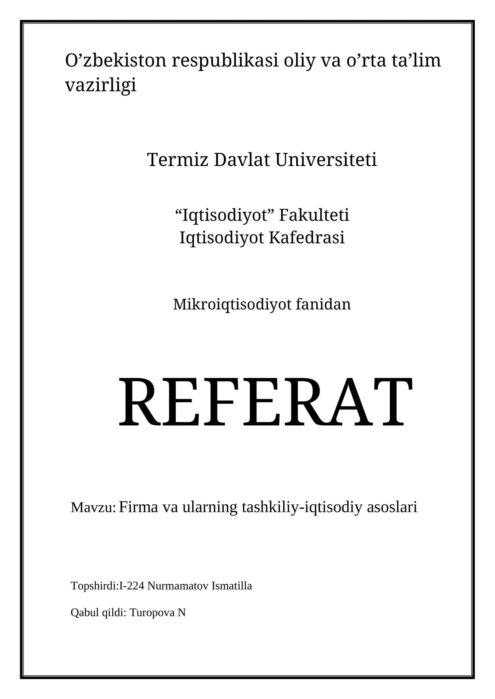 Mikroiqtisodiyot REFERAT