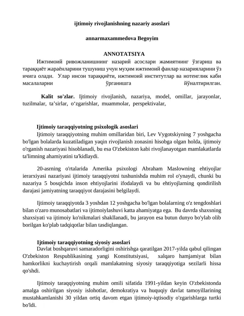 Ijtimoiy rivojlanishning nazariy asoslari