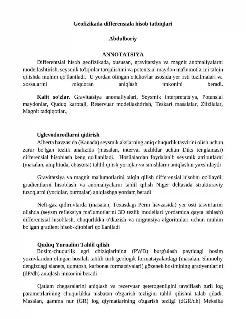 Geofizikada differensiala hisob tatbiqlari