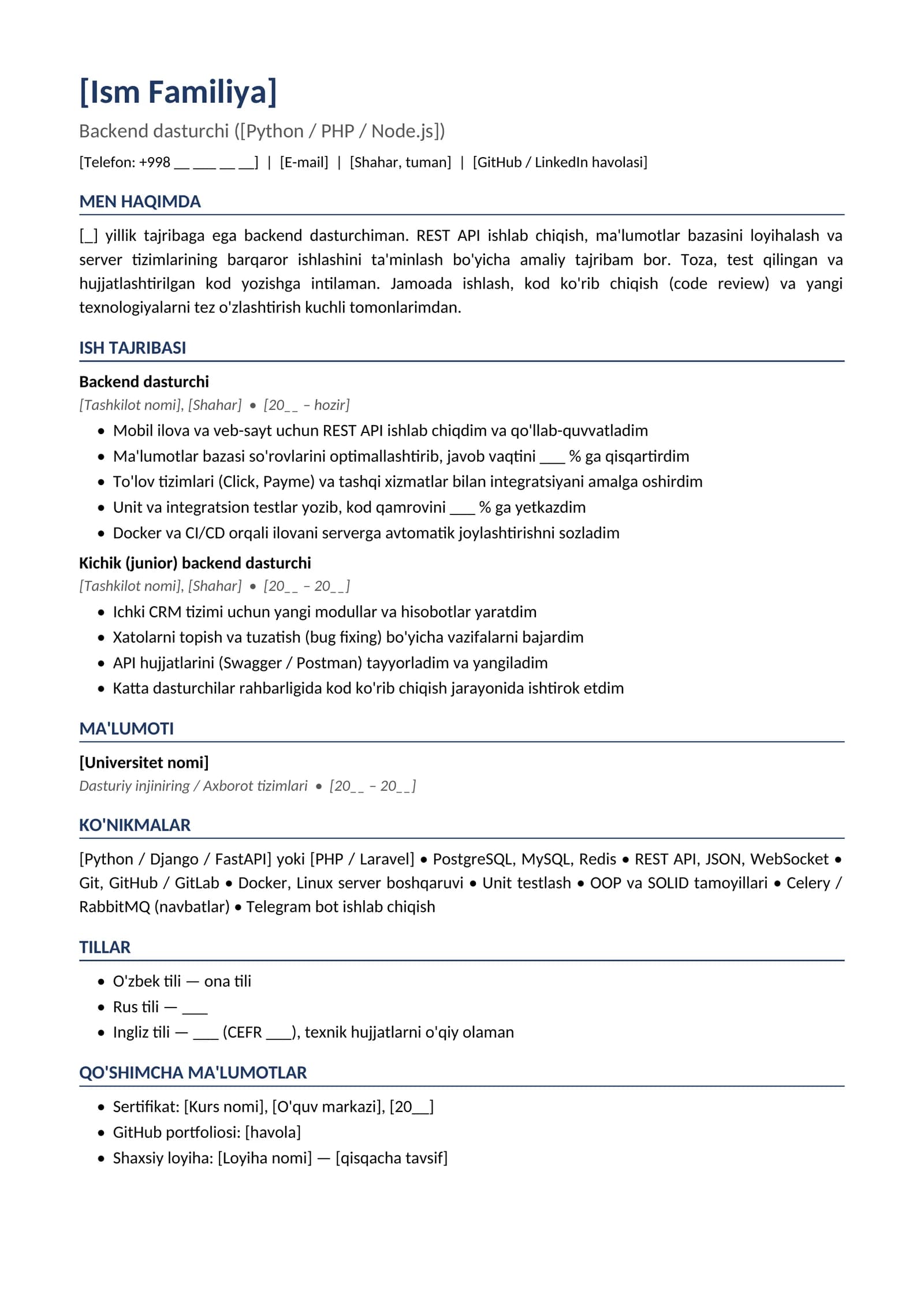 Rezyume namunasi Dasturchi backend