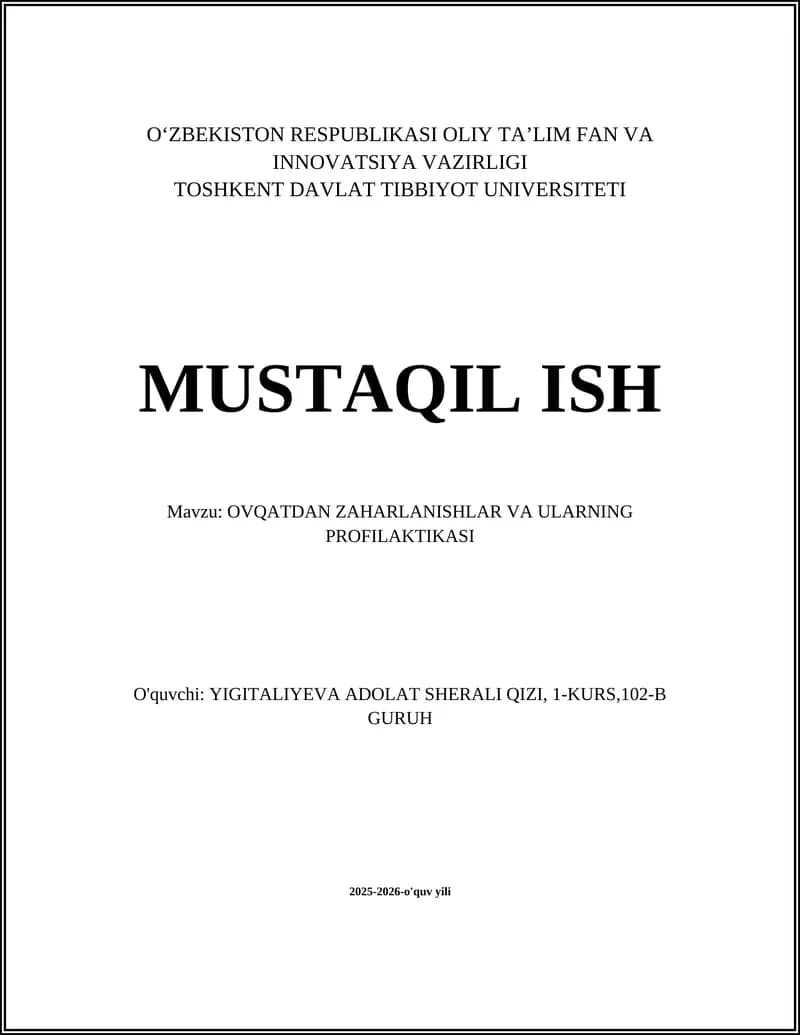 OVQATDAN ZAHARLANISHLAR VA ULARNING PROFILAKTIKASI