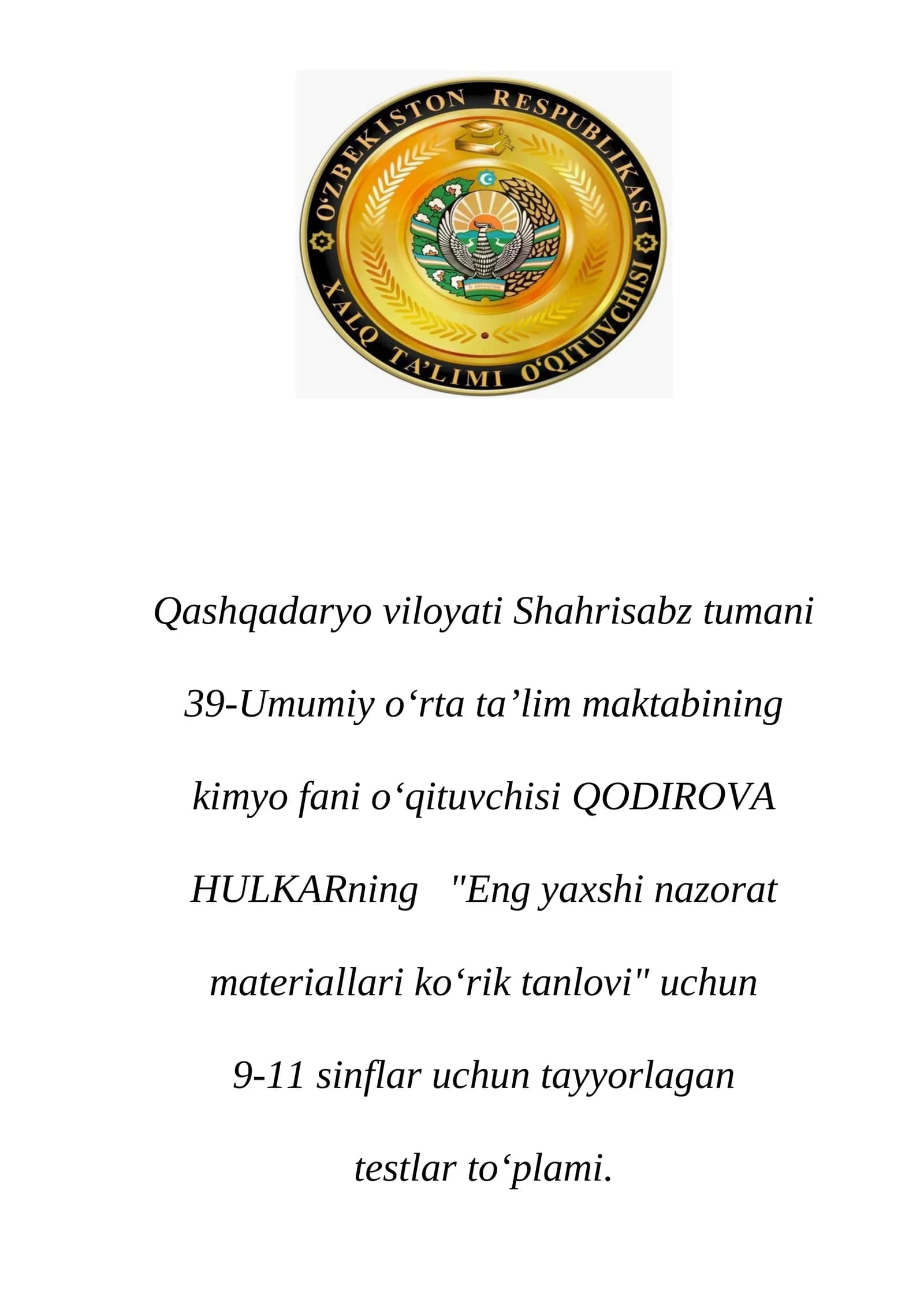 Kimyo fani test savollari