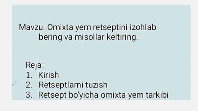 Omuxta yem retseptini tuzish va misollar keltirish