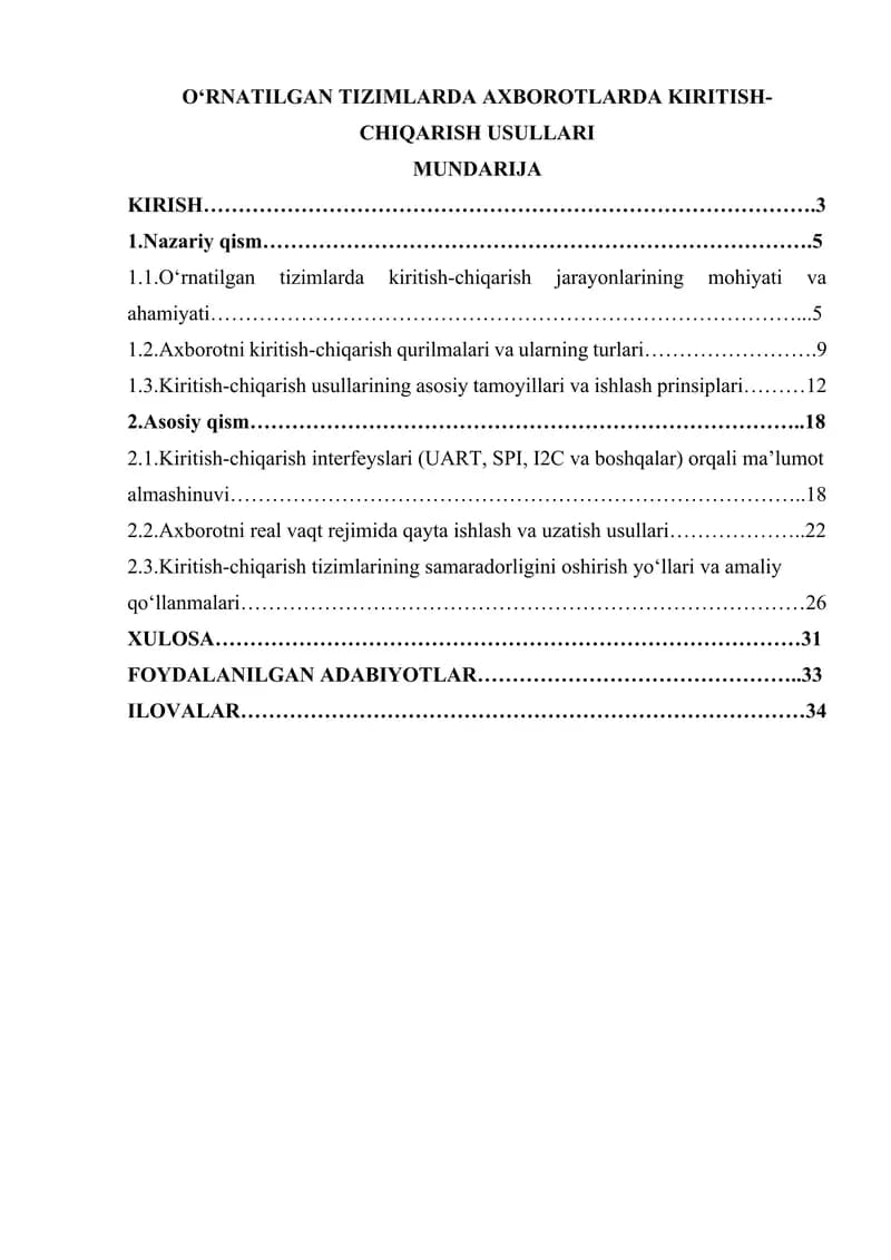 OʻRNATILGAN TIZIMLARDA AXBOROTLARDA KIRITISH-CHIQARISH USULLARI
