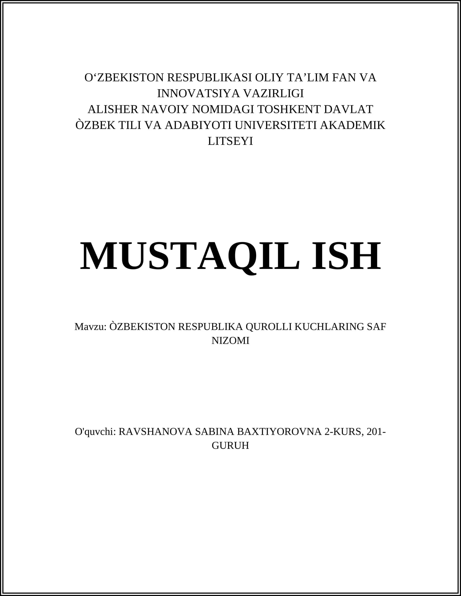 ÒZBEKISTON RESPUBLIKA QUROLLI KUCHLARING SAF NIZOMI
