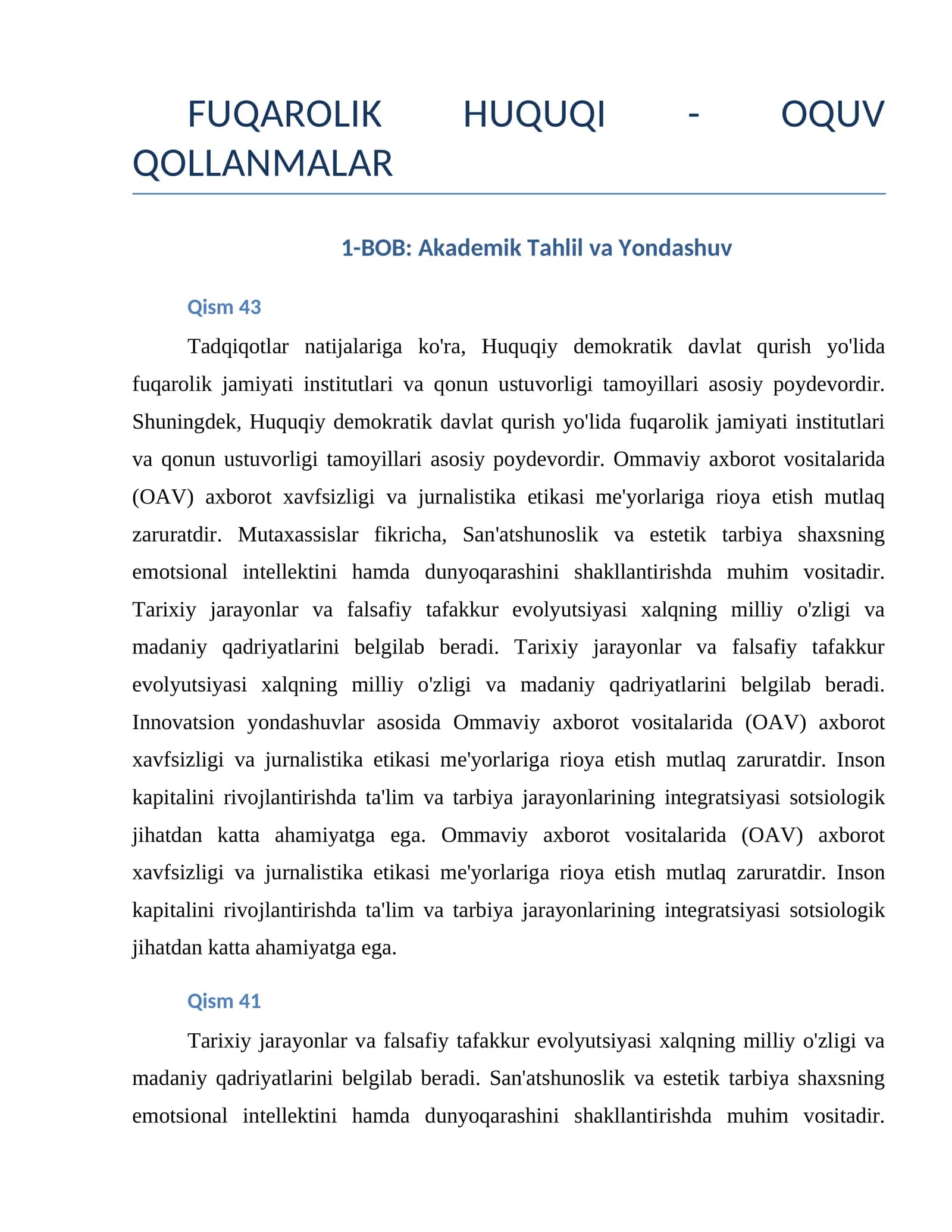 Huquqiy demokratik davlat qurish yo'lida fuqarolik jamiyati institutlari va qonun ustuvorligi tamoyillari