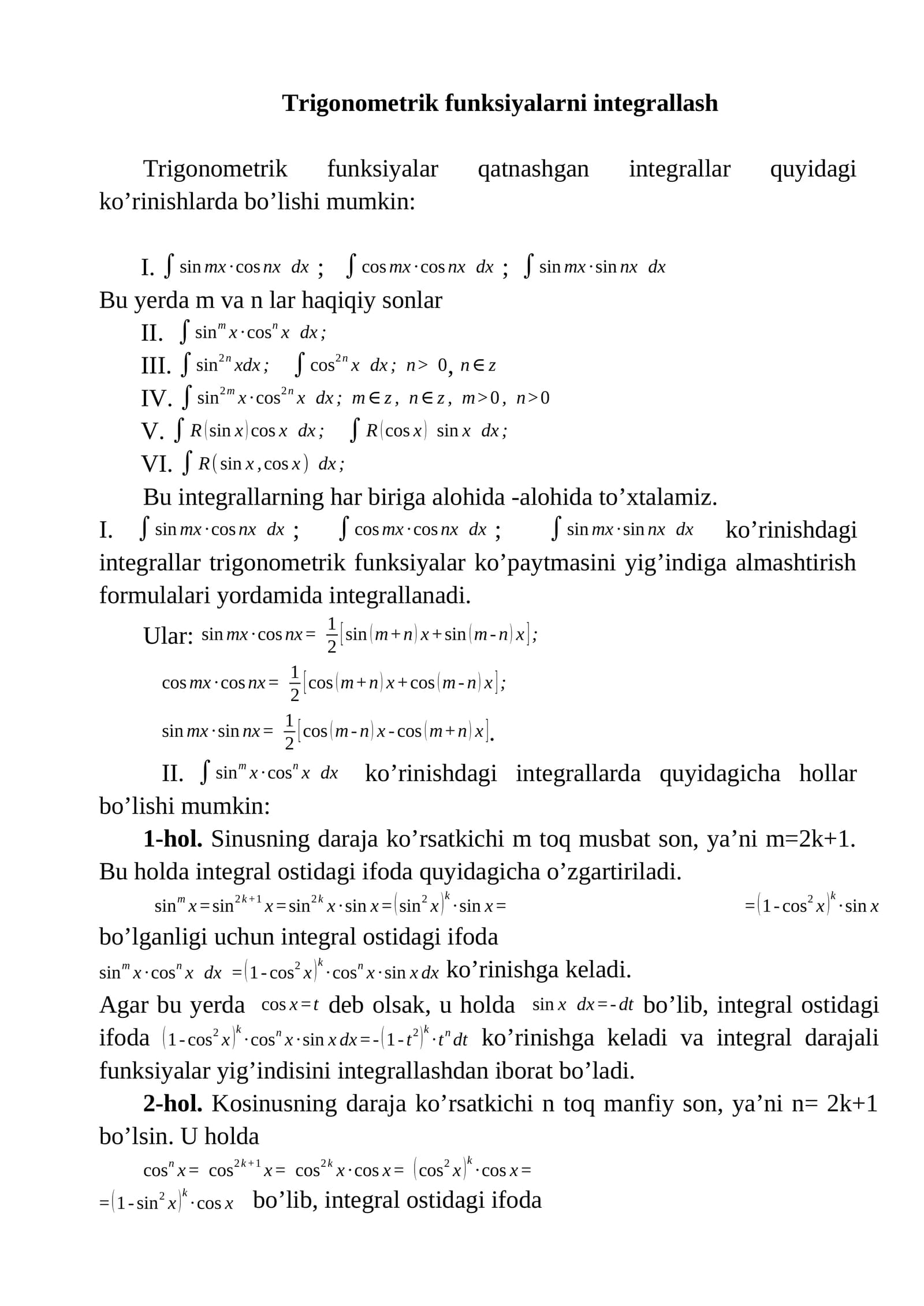 Trigonometrik funksiyalarni integrallash