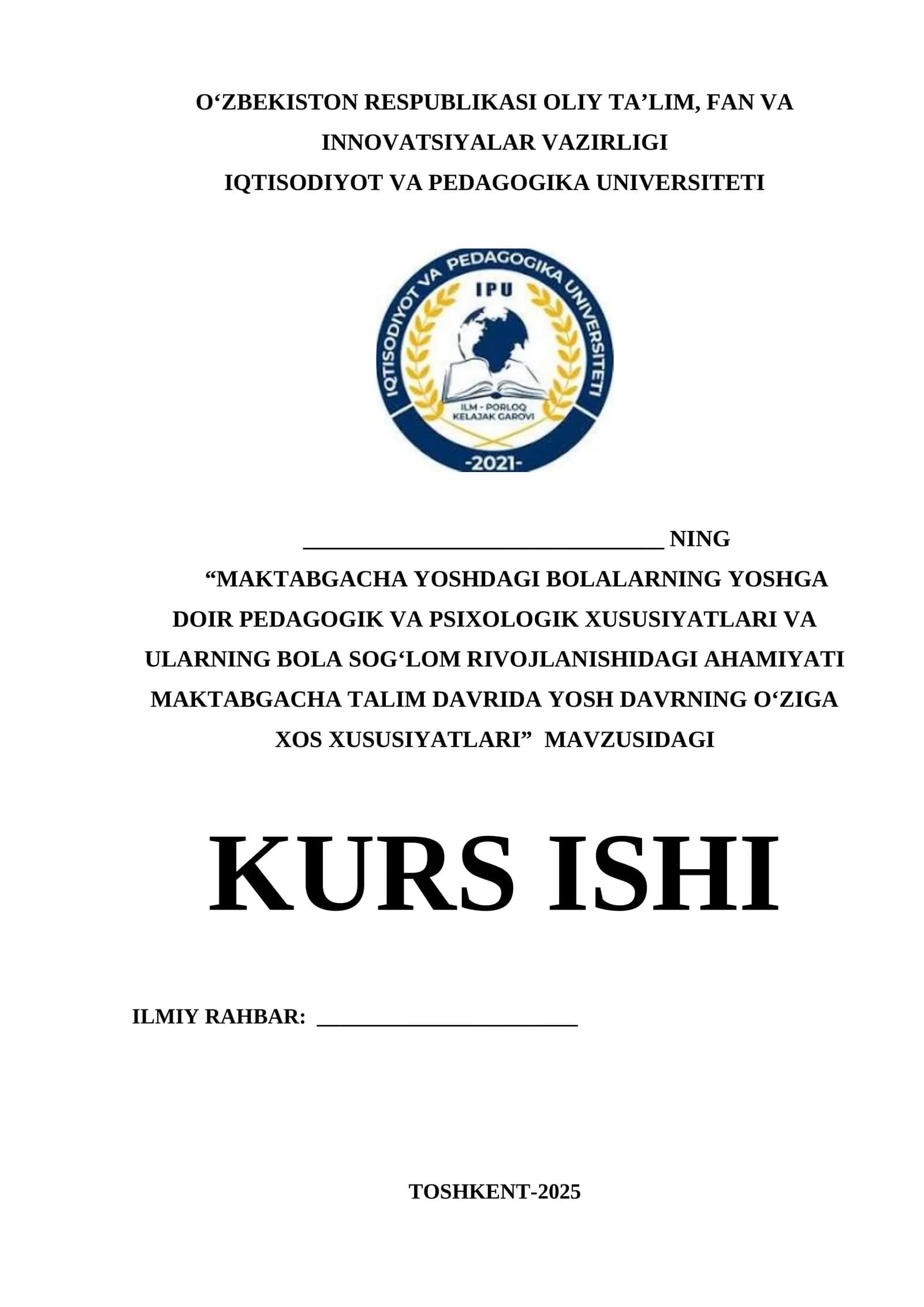 MAKTABGACHA YOSHDAGI BOLALARNING YOSHGA DOIR PEDAGOGIK VA PSIXOLOGIK XUSUSIYATLARI VA ULARNING BOLA SOGʻLOM RIVOJLANISHIDAGI AHAMIYATI MAKTABGACHA TALIM DAVRIDA YOSH DAVRNING OʻZIGA XOS XUSUSIYATLARI