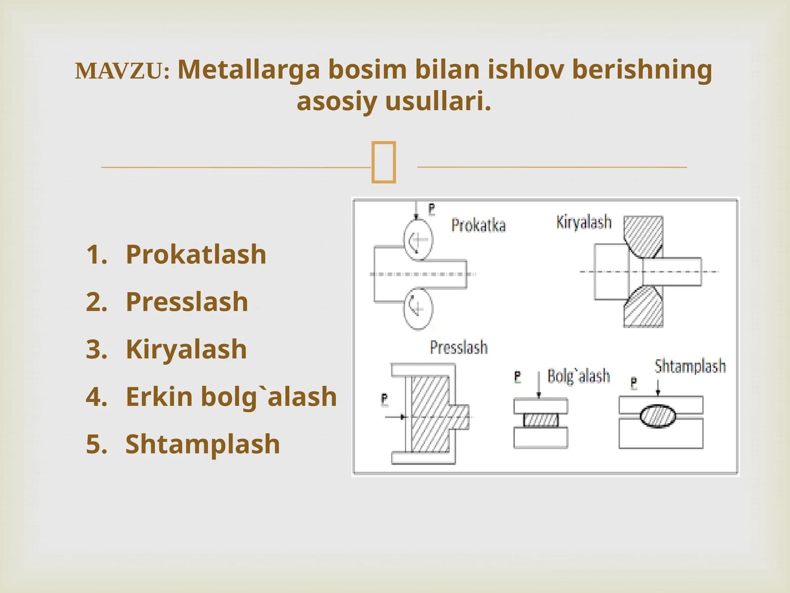 Metallarga bosim bilan ishlov berishning asosiy usullari