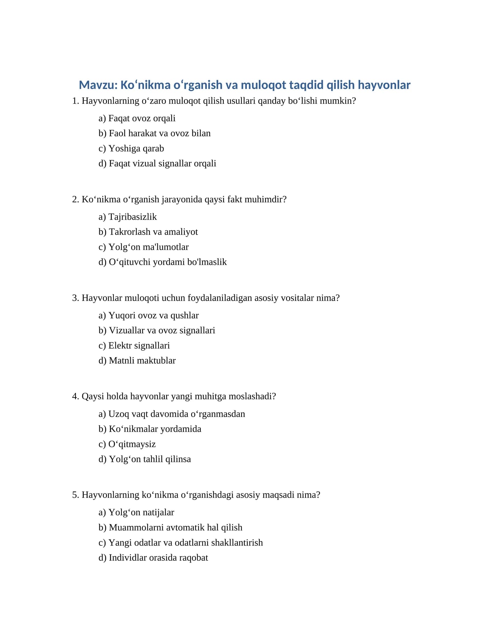 Koʻnikma oʻrganish va muloqot taqdid qilish hayvonlar