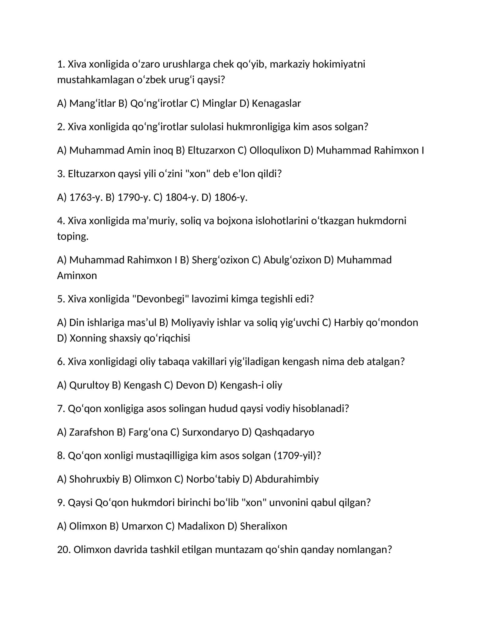 Xiva xonligida o‘zaro urushlarga chek qo‘yib, markaziy hokimiyatni mustahkamlagan o‘zbek urug‘i qaysi?