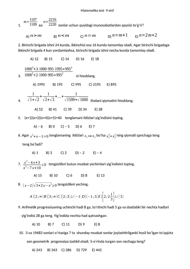 Matematikadan Olimpiada savollari