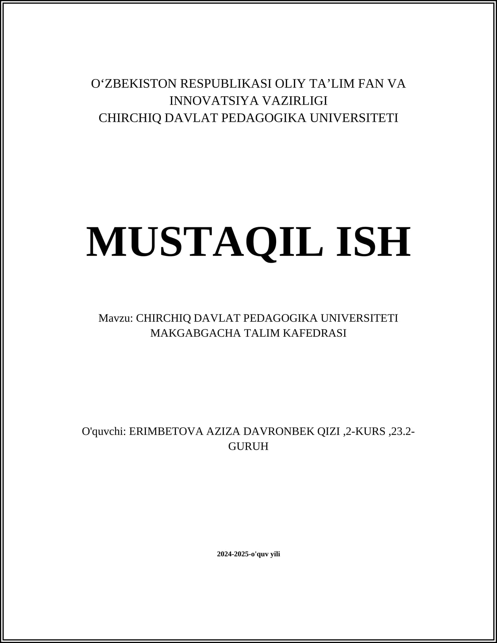 CHIRCHIQ DAVLAT PEDAGOGIKA UNIVERSITETI MAKGABGACHA TALIM KAFEDRASI