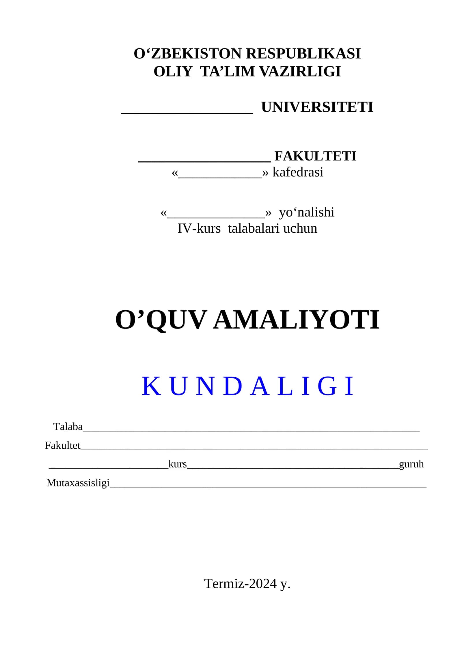 yo‘nalishi IV-kurs talabalari uchun O‘quv Amaliyoti