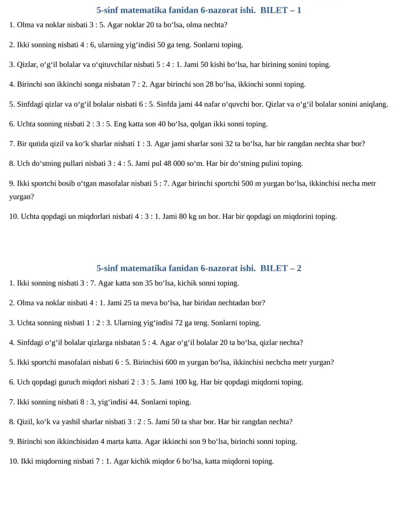 5-sinf matematika fanidan 6-nazorat ishi. BILET – 1