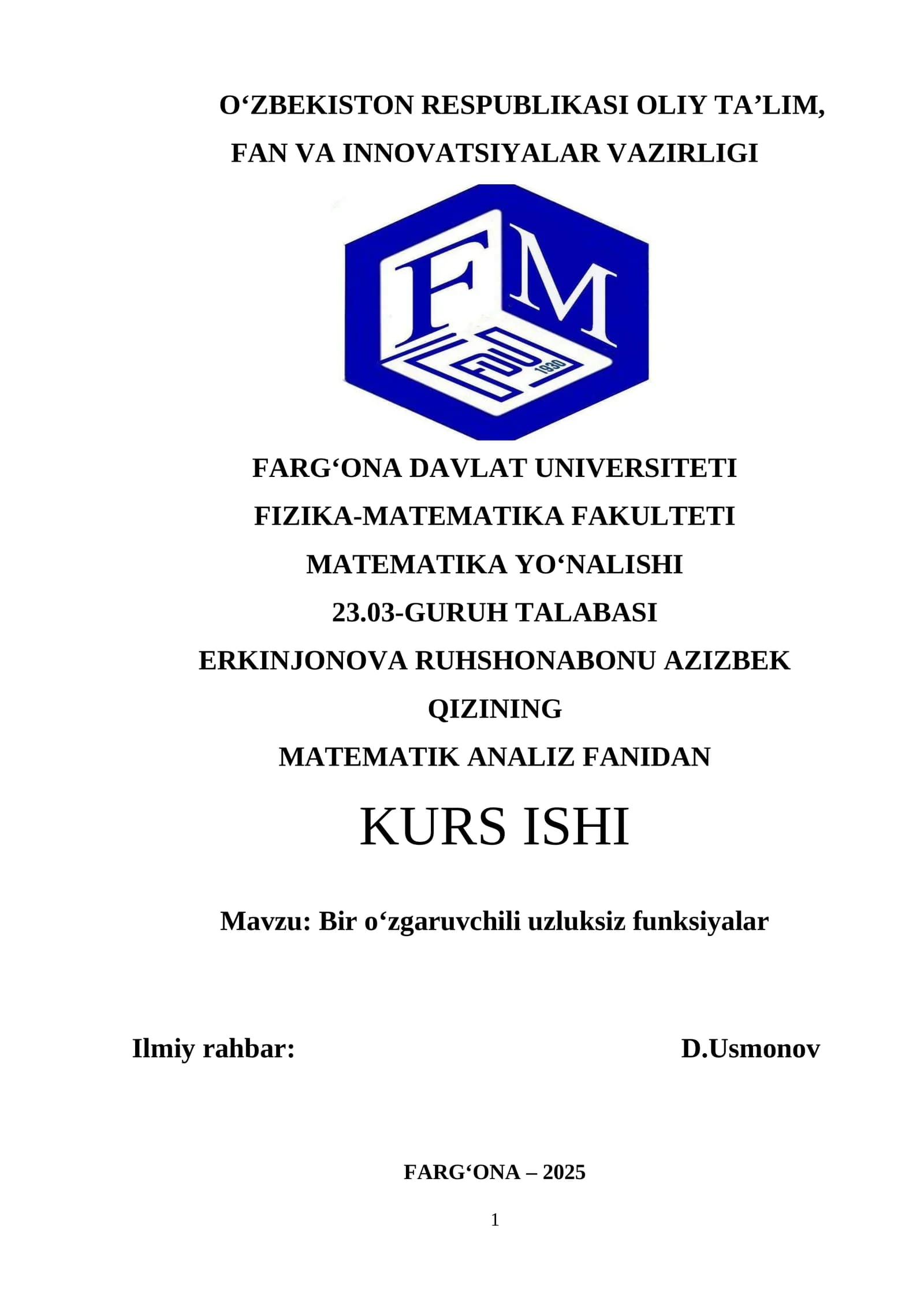 KURS ISHI: Bir o‘zgaruvchili uzluksiz funksiyalar