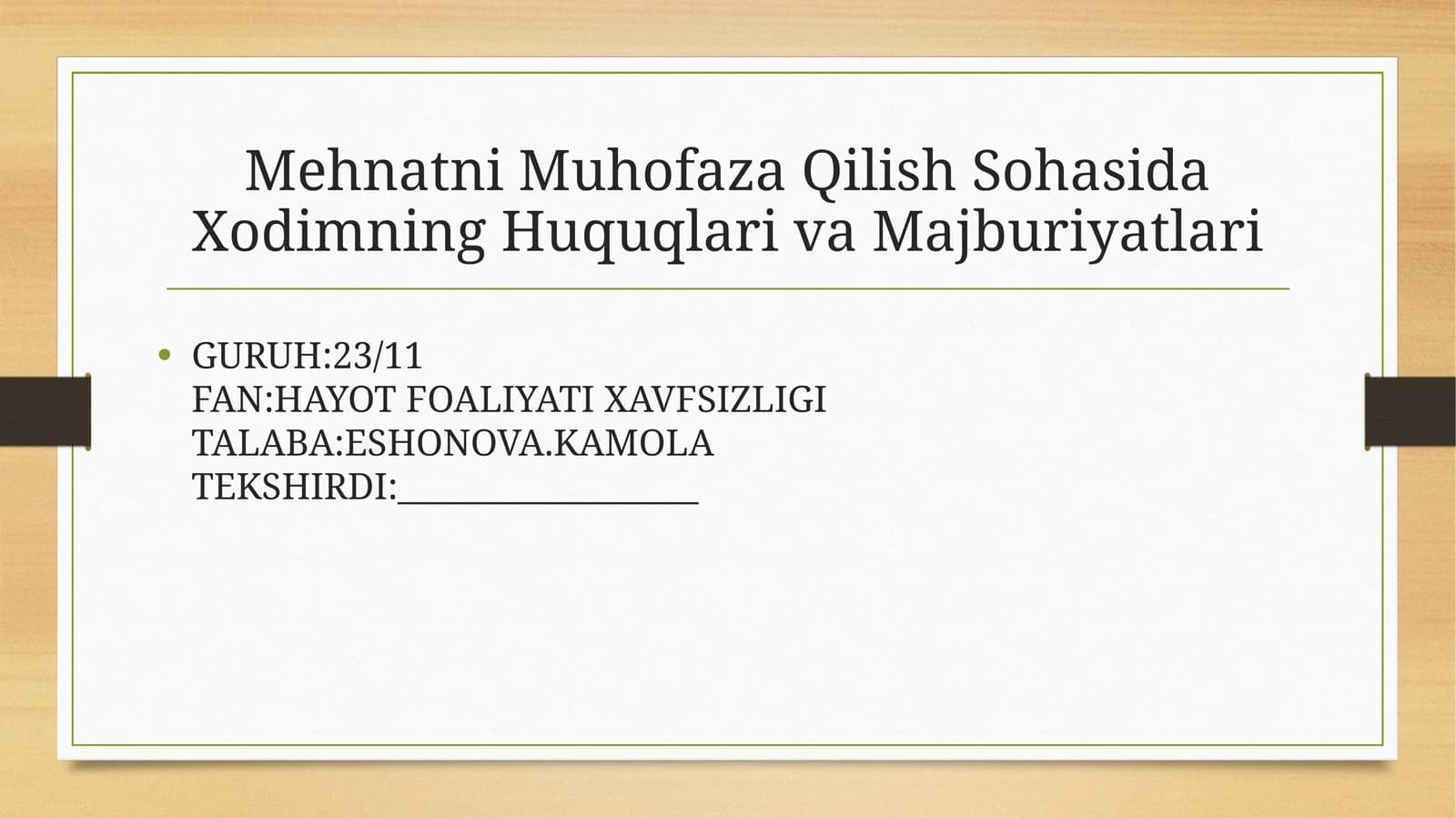 Mehnatni Muhofaza Qilish Sohasida Xodimning Huquqlari va Majburiyatlari