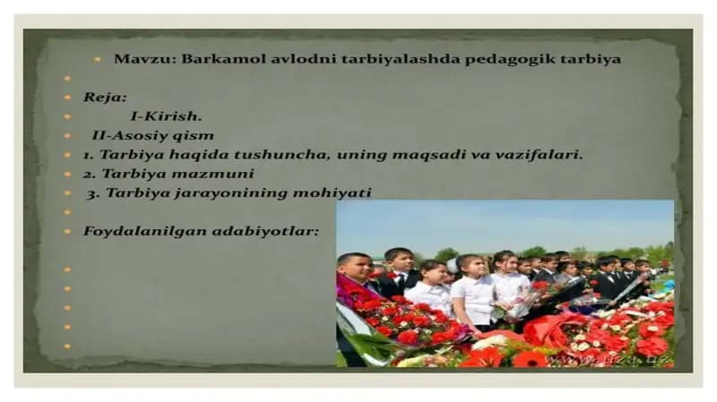 Shaxsning rivojlanishi, tarbiyasi va ijtimoiylashuvi.                        Reja: 1.Shaxsning rivojlanishi 2.Tarbiyalash  3.Ijtimoiylashuv 4.Shaxsning rivojlanishiga ta’sir qiluvchi omillar  5.Tarbiyaning asosiy vazifasi