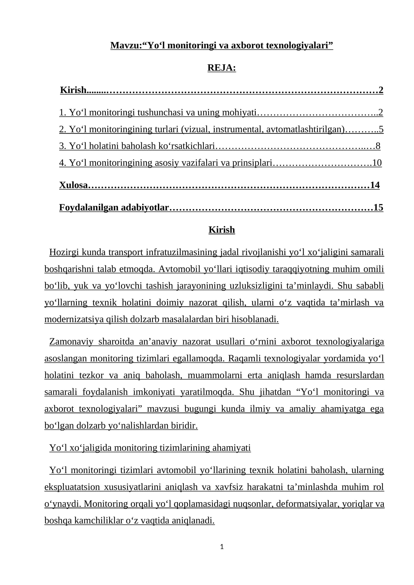 Yo‘l monitoringi va axborot texnologiyalari