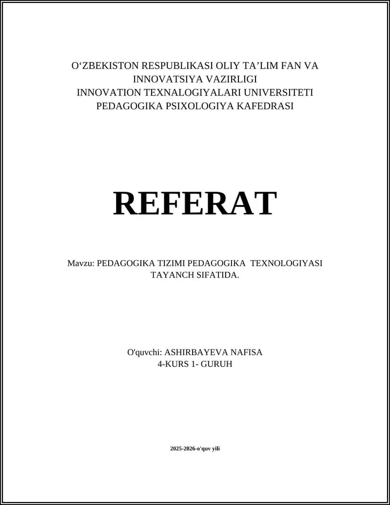 PEDAGOGIKA TIZIMI PEDAGOGIKA TEXNOLOGIYASI TAYANCH SIFATIDA