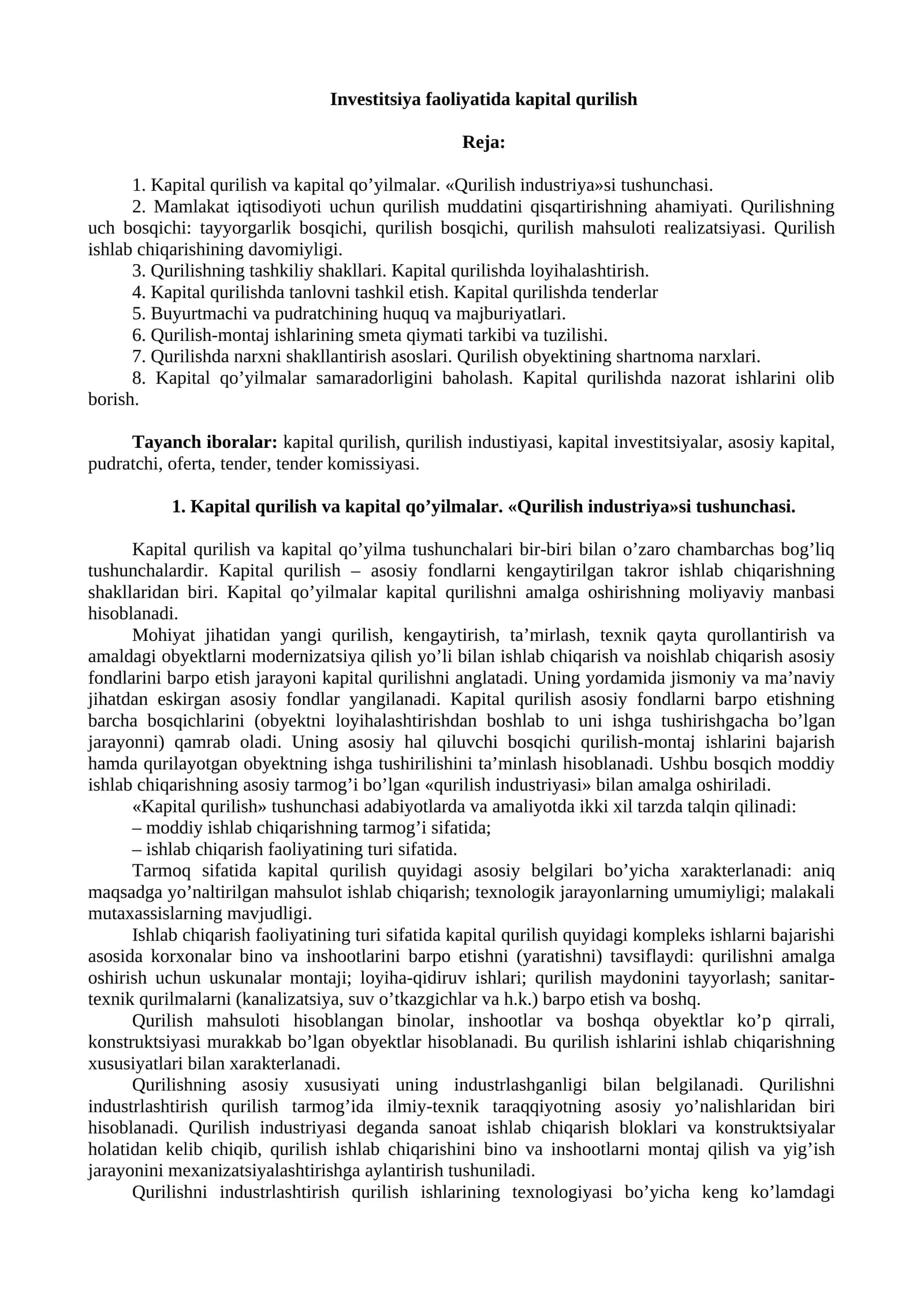 Investitsiya faoliyatida kapital qurilish