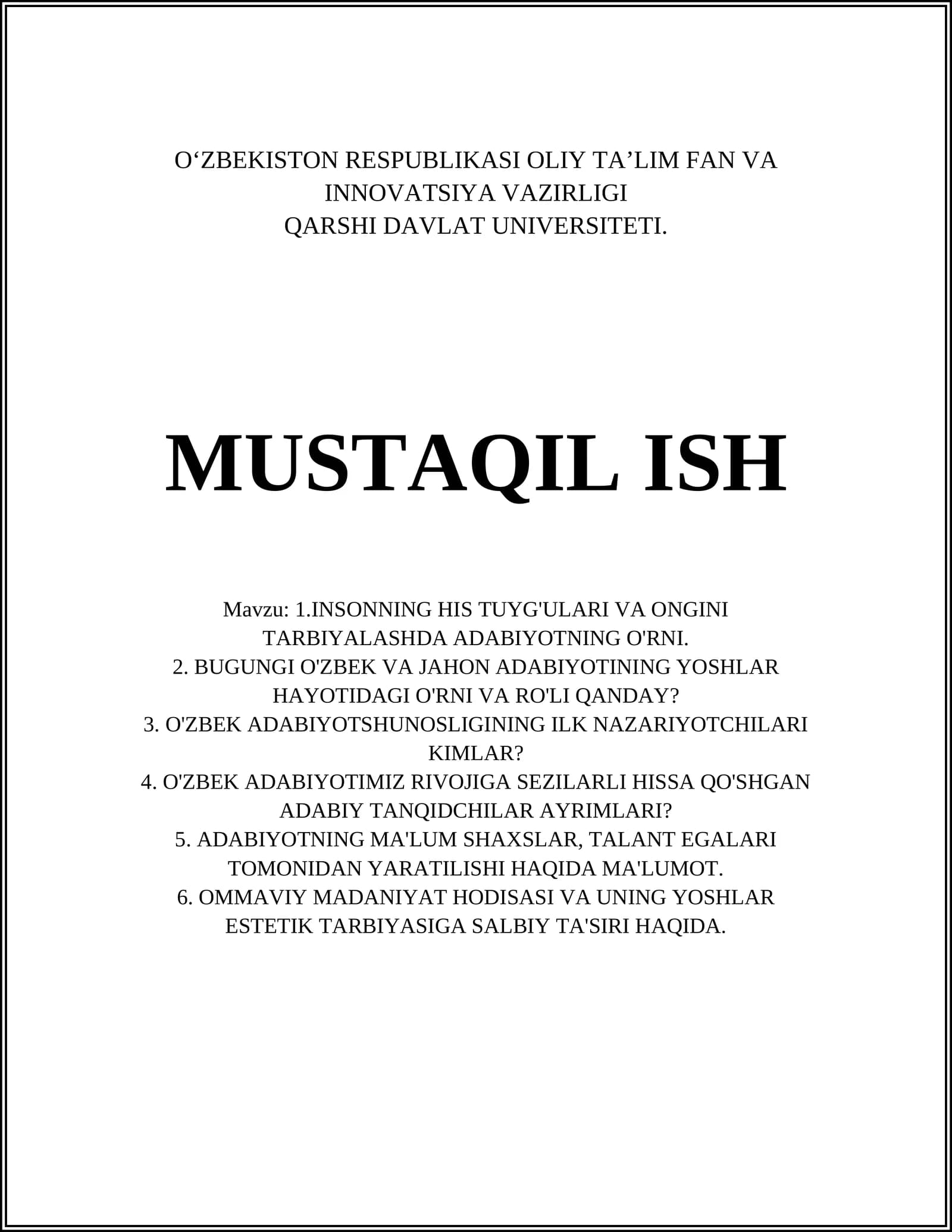 INSONNING HIS TUYG'ULARI VA ONGINI TARBIYALASHDA ADABIYOTNING O'RNI