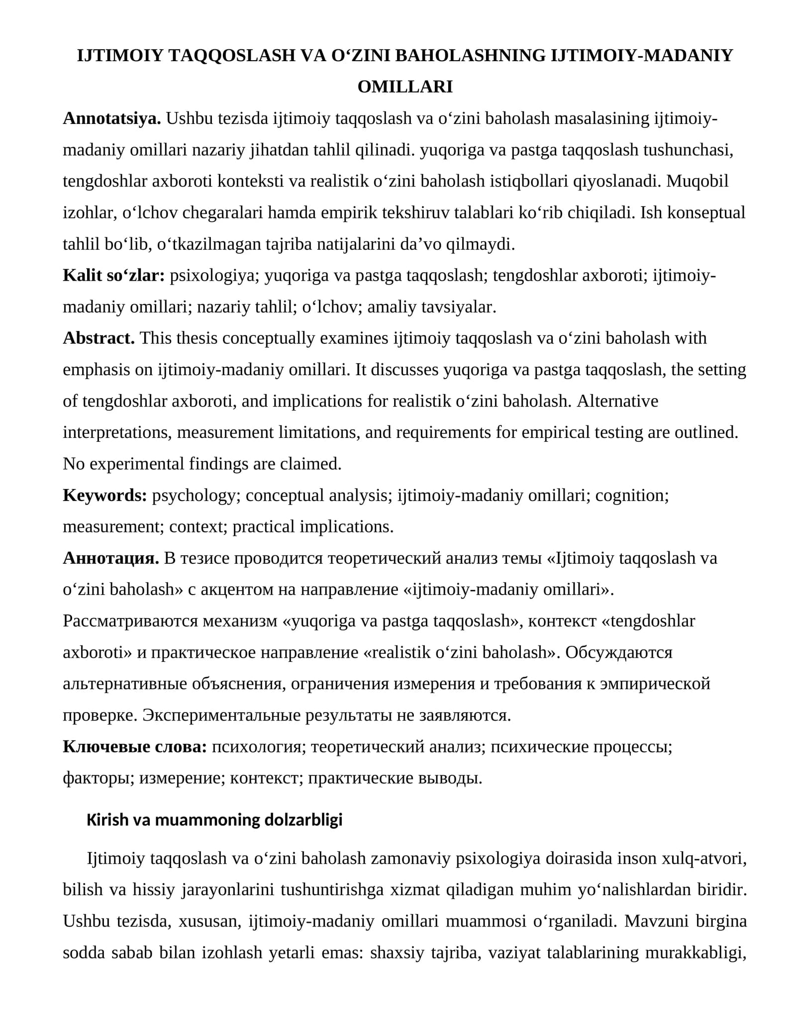 IJTIMOIY TAQQOSLASH VA O‘ZINI BAHOLASHNING IJTIMOIY-MADANIY OMILLARI
