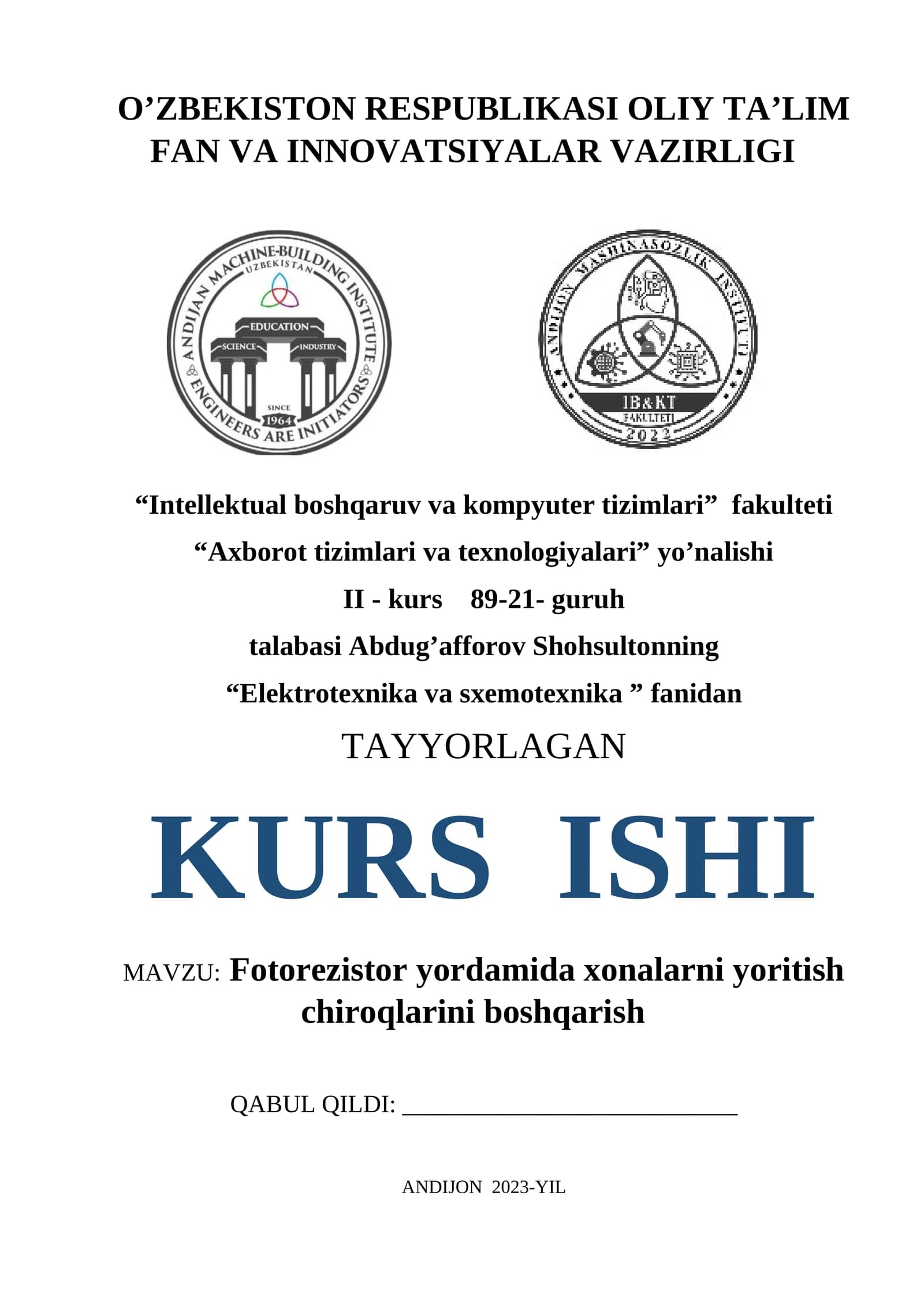 Fotorezistor yordamida xonalarni yoritish chiroqlarini boshqarish kurs ishi