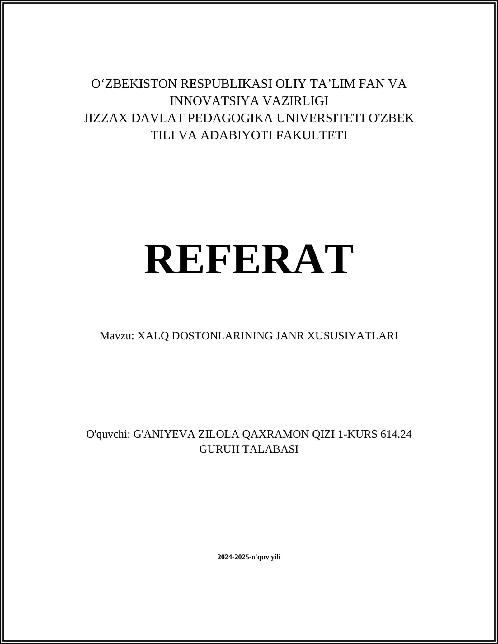XALQ DOSTONLARINING JANR XUSUSIYATLARI