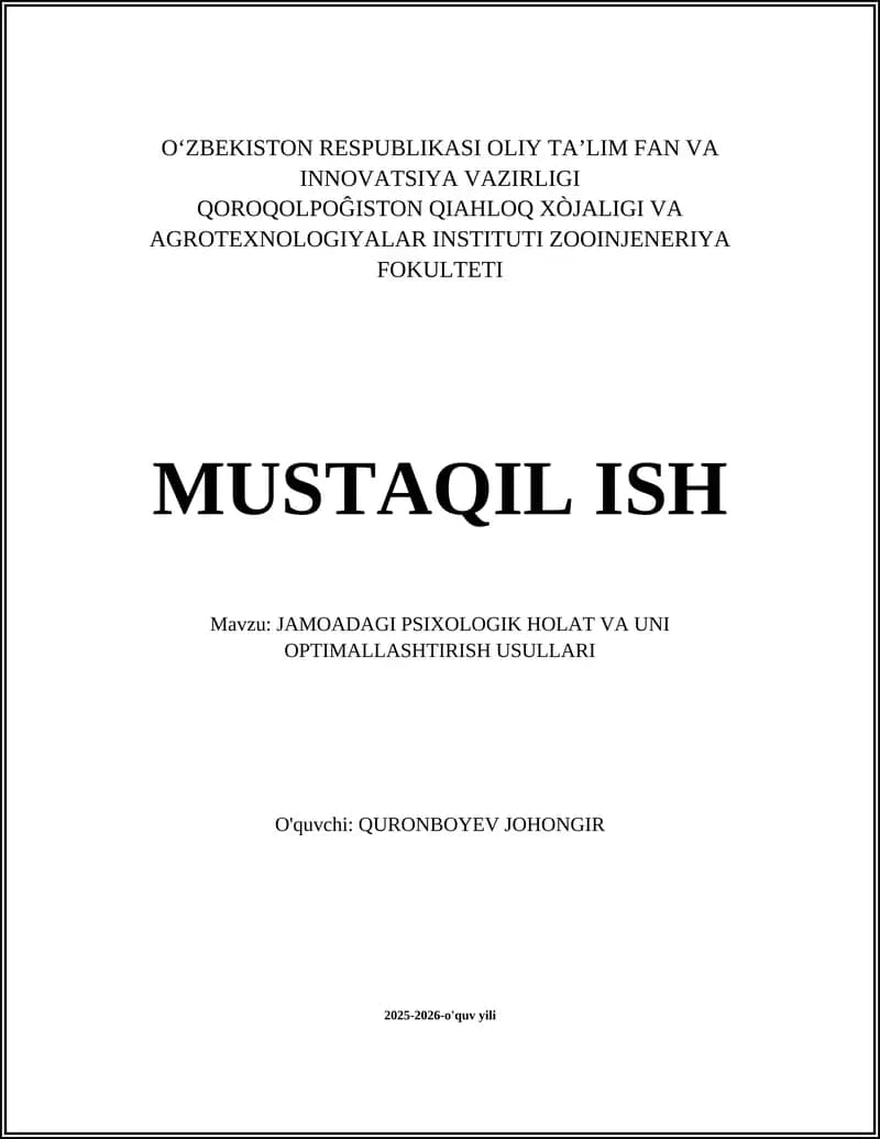 JAMOADAGI PSIXOLOGIK HOLAT VA UNI OPTIMALLASHTIRISH USULLARI
