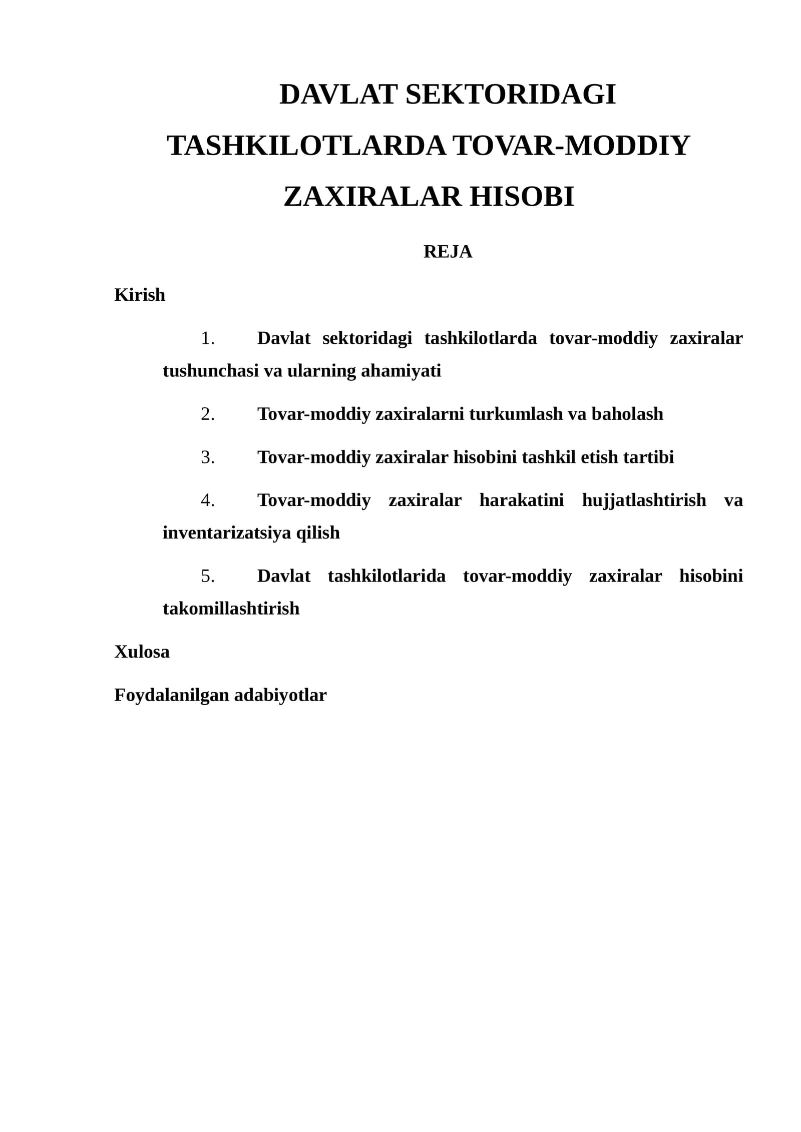 Davlat SEKTORIDAGI TASHKILOTLARDA TOVAR-MODDIY ZAXIRALAR HISOBI