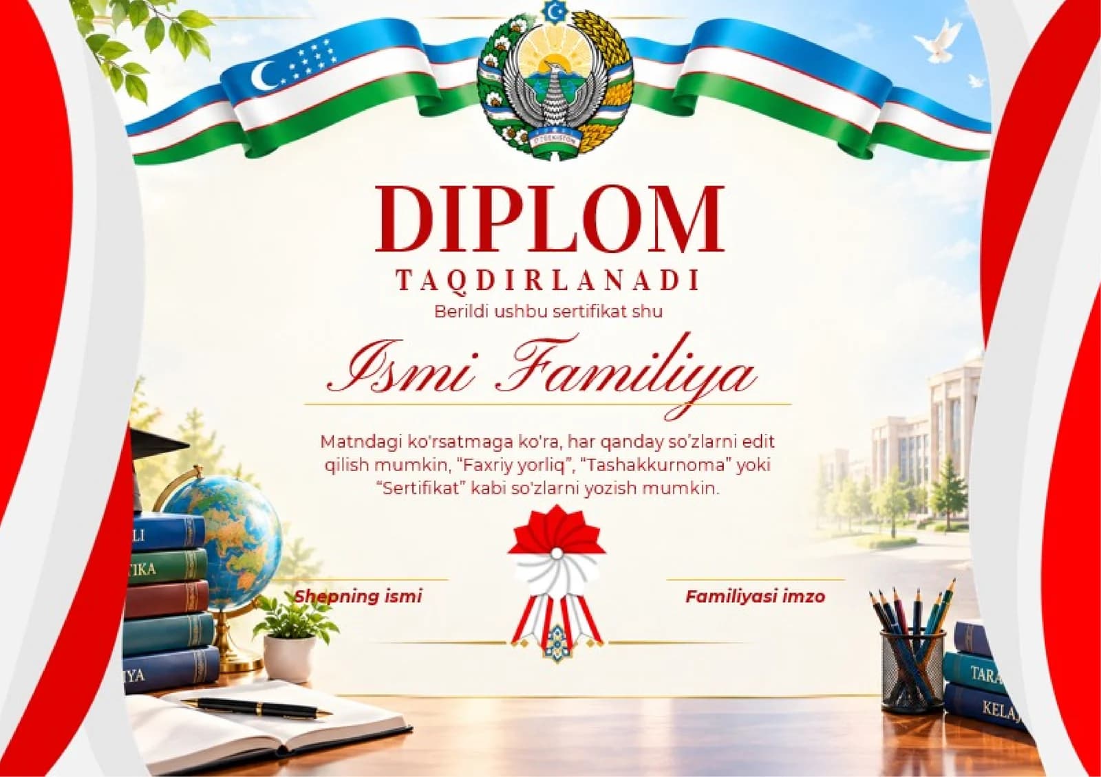 Shablon diplom, sertifikat, faxriy yorliq, tashakkurnoma yoki maqtov yorlig'i