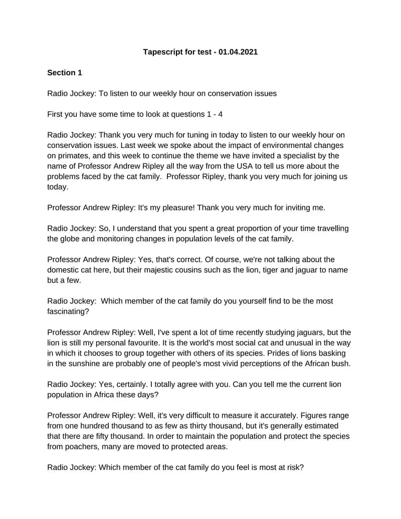 Tapescript for test - 01.04.2021