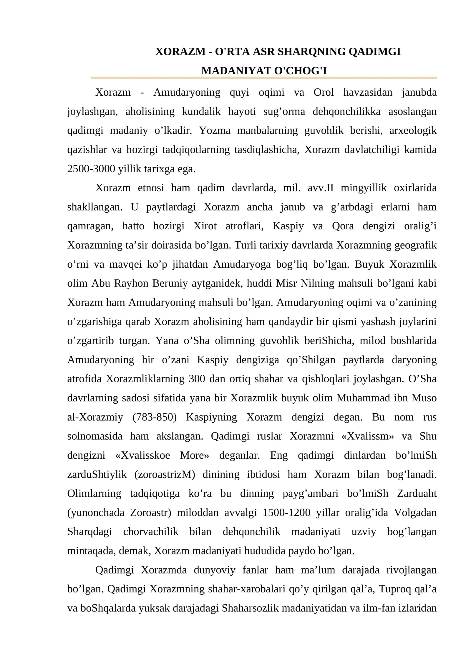 Xorazm - o'rta asr Sharqning qadimgi madaniyat o'chog'i