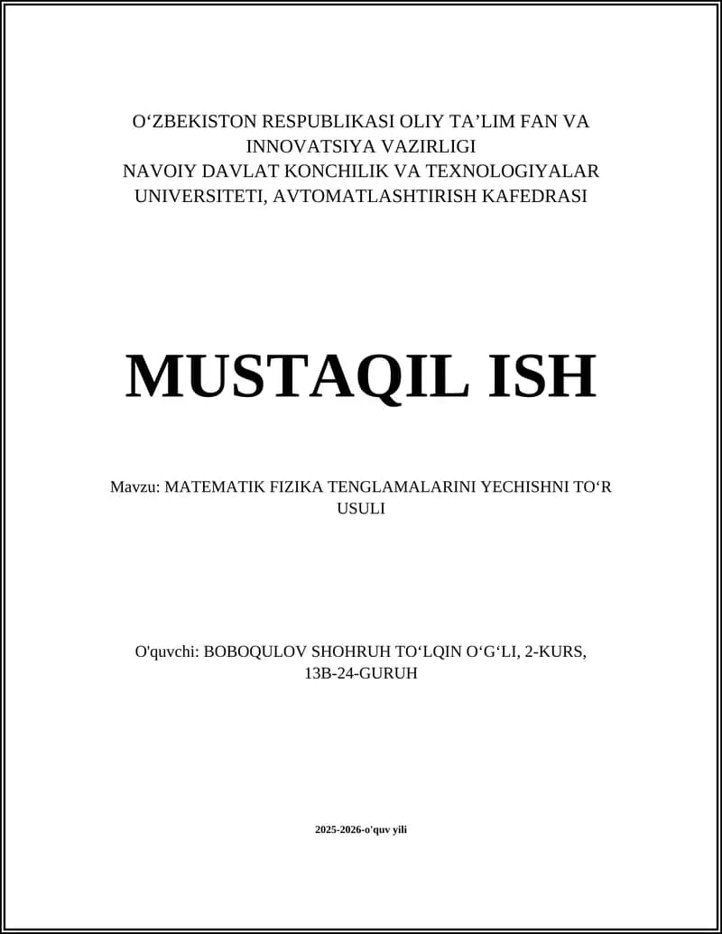 Matematik Fizika Tenglamalarini Yechishni Toʻr Usuli