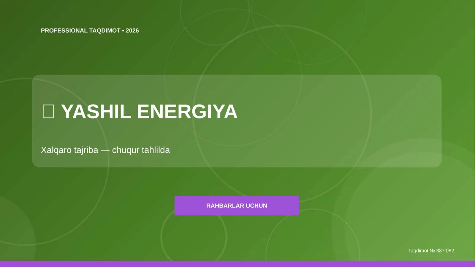 Yashil energiya: xalqaro tajriba (chuqur tahlilda) [rahbarlar uchun]