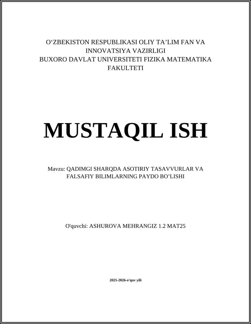 QADIMGI SHARQDA ASOTIRIY TASAVVURLAR VA FALSAFIY BILIMLARNING PAYDO BO’LISHI