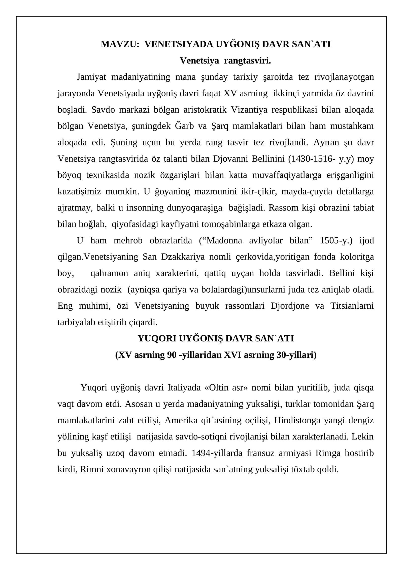 Venetsiyada uyĞoniŞ davr san`ati