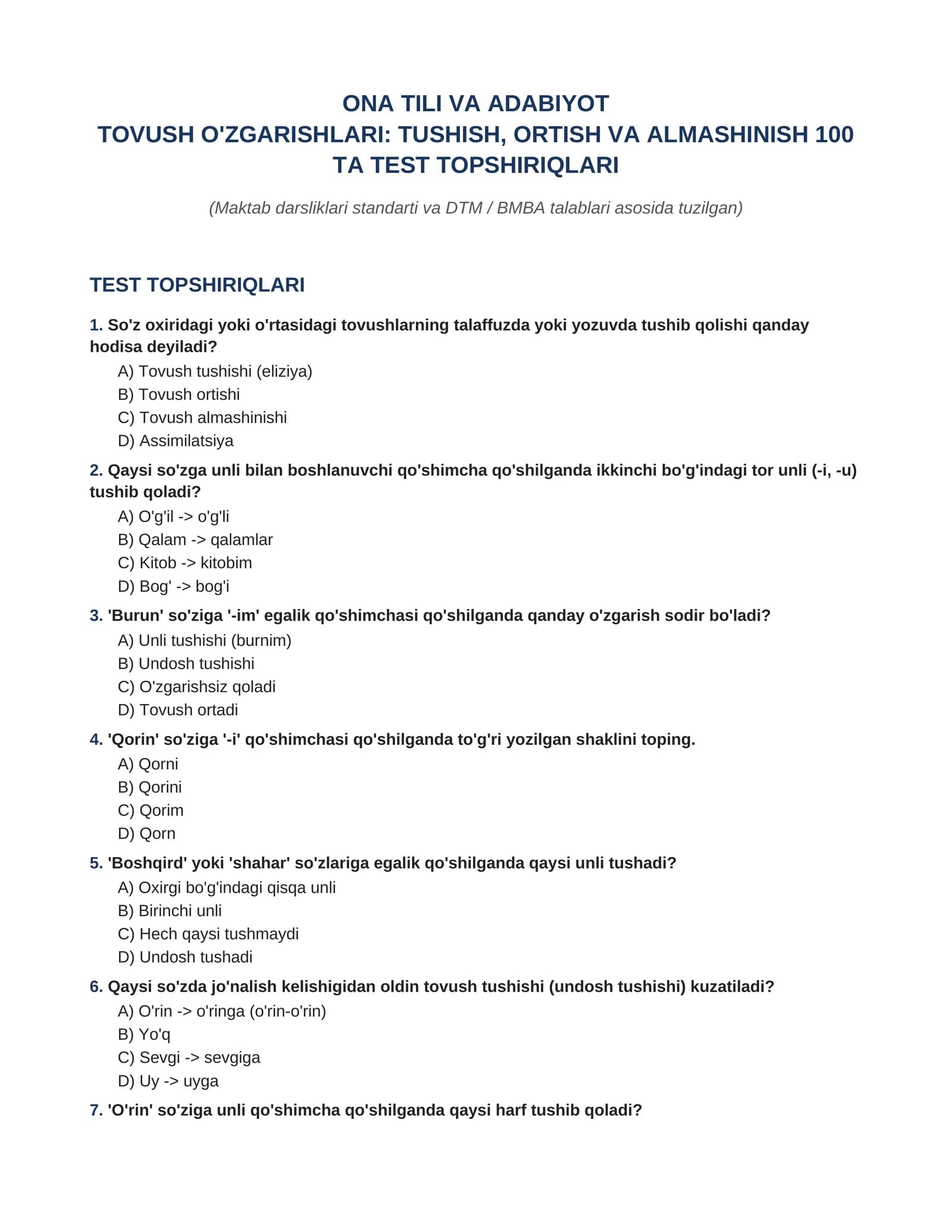 ONA TILI VA ADABIYOT  TOVUSH O'ZGARISHLARI: TUSHISH, ORTISH VA ALMASHINISH 100  TA TEST JAVOBLARI BILAN