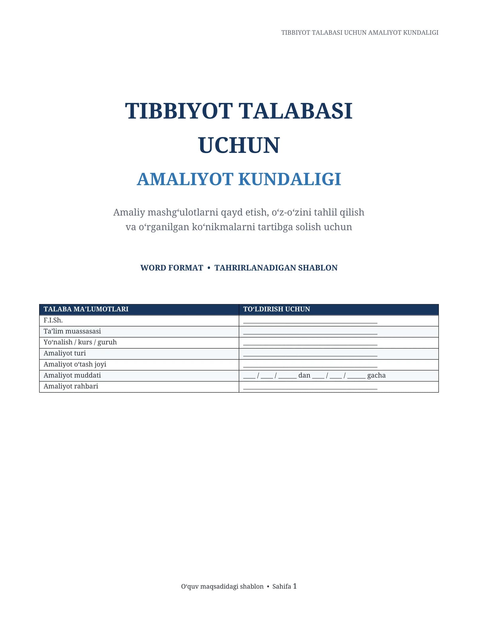 Tibbiyot talabasi uchun amaliyot kundaligi | Word DOCX shablon