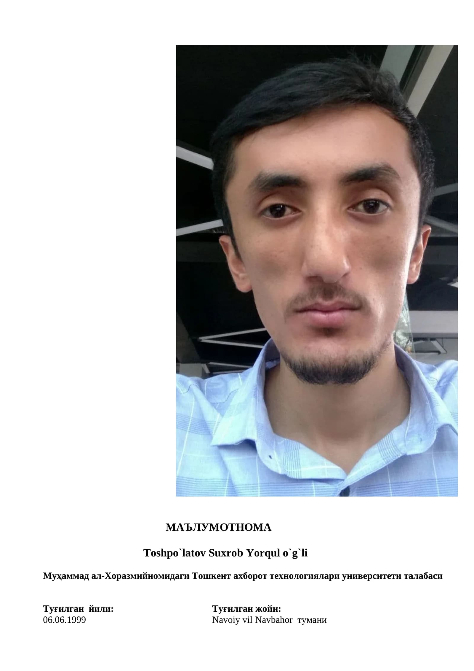 Toshpo`latov Suxrob Yorqul o`g`li